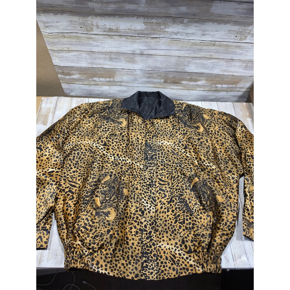 Vintage 70s Reversible Leopard Tiger Print Bomber Jacket Black Satin Womens